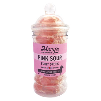 Burk som innehåller rosa karameller med smak av Pink Sour